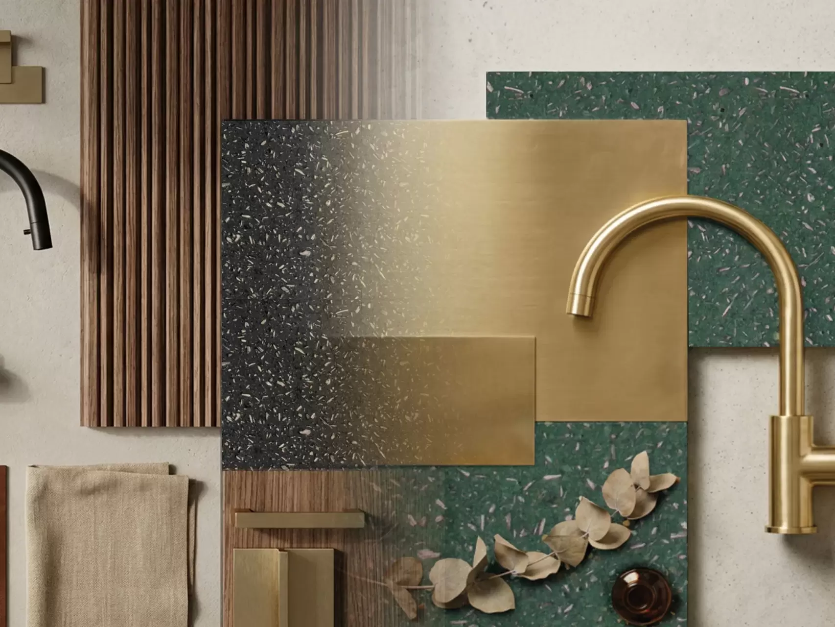 Cucina artigianale su misura con superficie Hempstone abbinata a legno cannettato e metallo ossidato, focus su materiali e texture