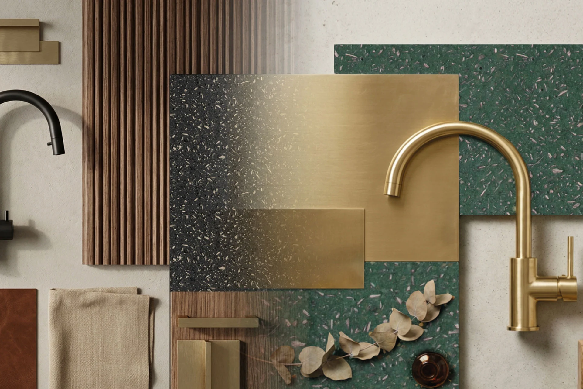 Cucina artigianale su misura con superficie Hempstone abbinata a legno cannettato e metallo ossidato, focus su materiali e texture