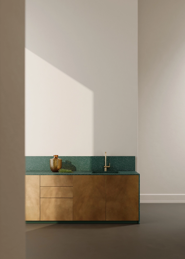 Mood board cucina artigianale con Hempstone verde mineralizzato e metallo ossidato